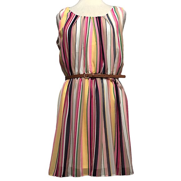 By & By Multicolor Stripe Polyester Chiffon Sleeveless Belted Dress Size XL - Picture 1 of 8